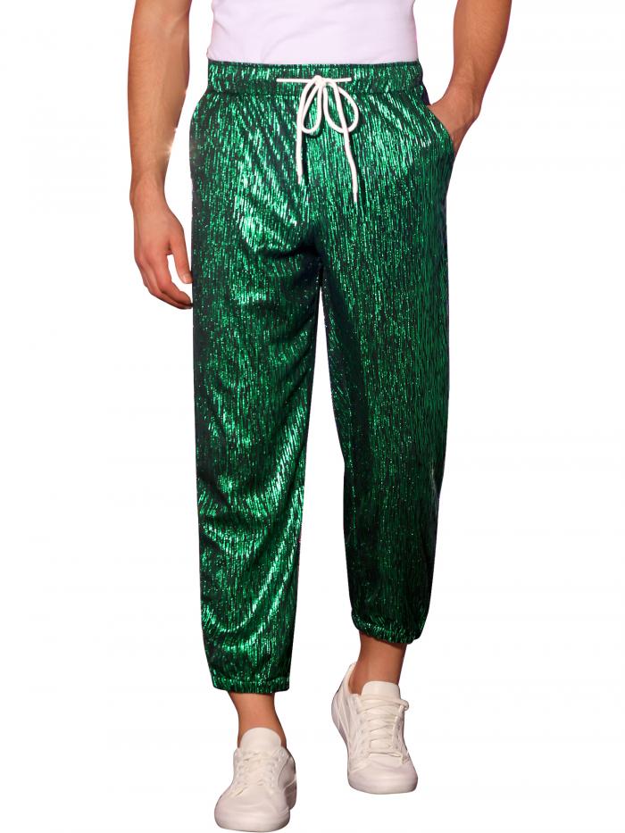 Lars Amadeus メタリック ジョガーパンツ 巾着ウエスト パーティー 光沢のあるズボン ロングパンツ ストライプ メンズ グリーン 32