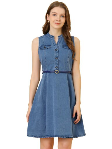Allegra K デニム シャツドレス ジーンズドレス ベルト フレア ノースリーブ ショート カジュアル レディース デニムブルー XL Allegra K デニム シャツドレス ジーンズドレス ベルト フレア ノースリーブ ショート カジュアル レディース デニムブルー XL