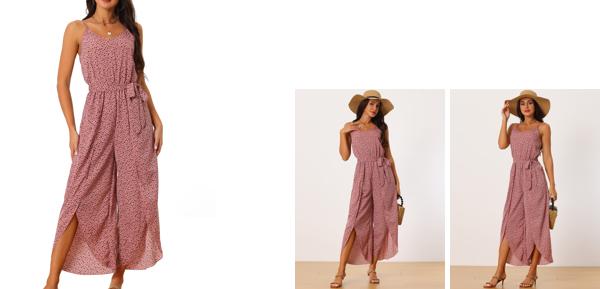 Seta T ジャンプスーツ ロンパース 夏 ノースリーブ Vネック タイウエスト スプリットワイドレッグ レディース ダークピンク M