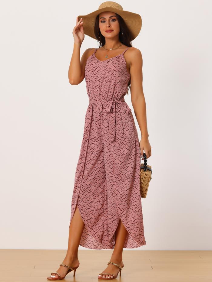 Seta T ジャンプスーツ ロンパース 夏 ノースリーブ Vネック タイウエスト スプリットワイドレッグ レディース ダークピンク M