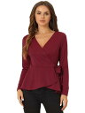 Allegra K ペプラム トップス ニットブラウス Vネック 長袖 ドレッシー カジュアル エレガント タイウエスト レディース レッド S(4)