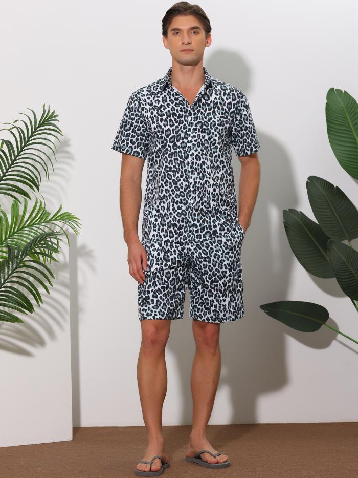 Lars Amadeus メンズ 夏用 アニマルプリント ハワイアンセット 2ピース 半袖 パターンシャツとショーツセット グレー S