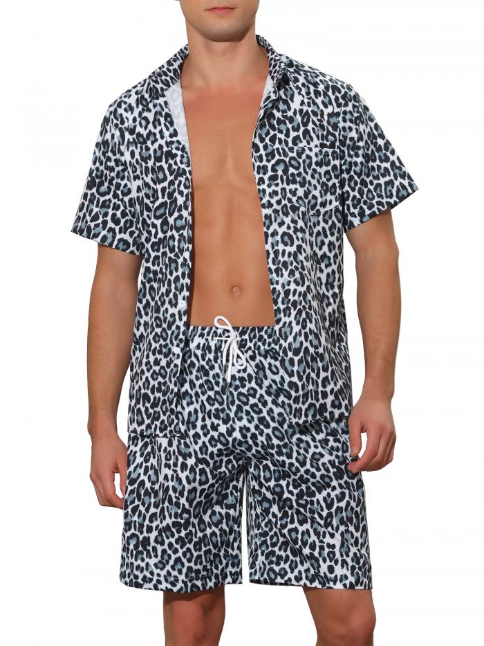 Lars Amadeus メンズ 夏用 アニマルプリント ハワイアンセット 2ピース 半袖 パターンシャツとショーツセット グレー M