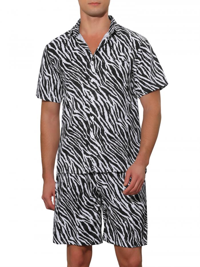 Lars Amadeus メンズ 夏用 アニマルプリント ハワイアンセット 2ピース 半袖 パターンシャツとショーツセット ブラックホワイト M