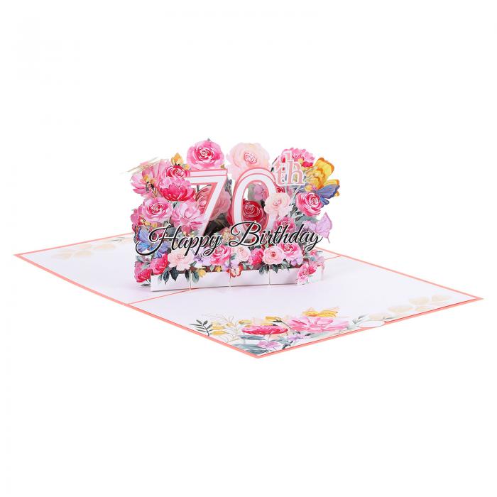 PATIKIL 70歳 誕生日カード ポップアウト誕生日カードギフトカード 面白いハッピーバースデー3Dフラワーブーケ 蝶々 ご挨拶カード 封筒付き 女性へ ギフト 親友へ プレゼント ピンク色のサムネイル