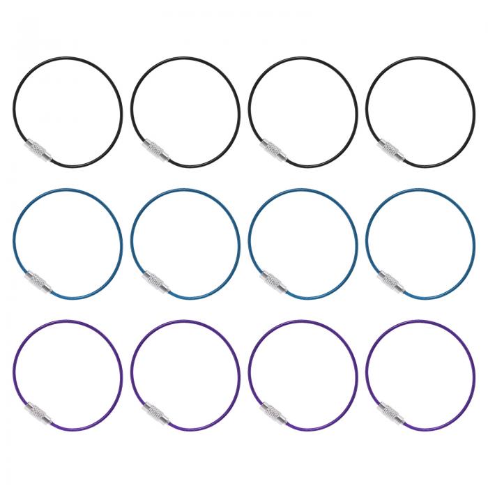 PATIKIL 150 mm長さ ワイヤーキーホルダーケーブル 12個 ナイロンコーティング ステンレス鋼 1.5 mm キーホルダーループ アウトドア ハイキング 吊り下げ荷物タグ キー IDカード用 黒 ブルー パープル