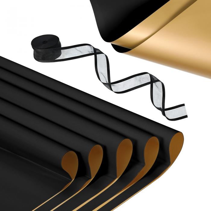 PATIKIL 20枚 花包装紙 リボン付き 防水花包装紙 DIYクラフトパッケージング用 花束用品 22.8x22.8" 黒..