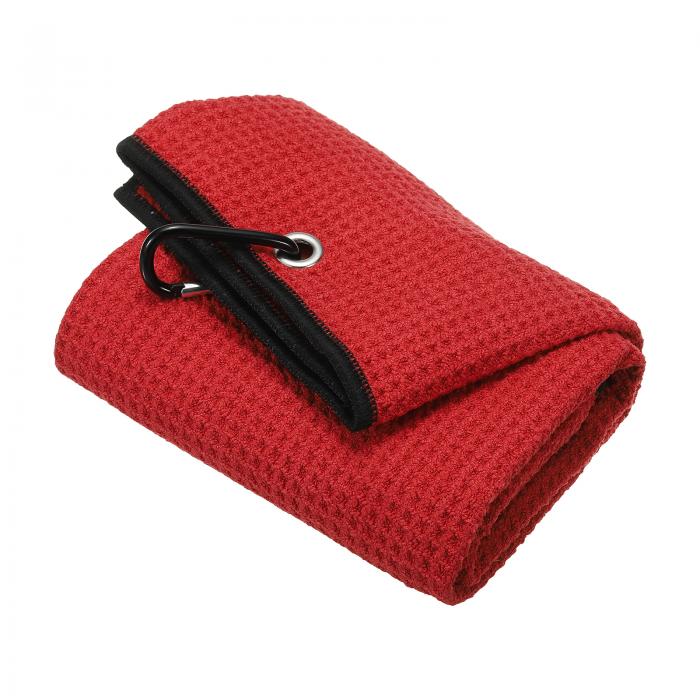 PATIKIL 50 x 40 cm 三つ折りゴルフタオル マイクロファイバーワッフル柄タオル 吸水ソフトタオル アルミクリップ付き ゴルフバッグとクラブ用 レッド