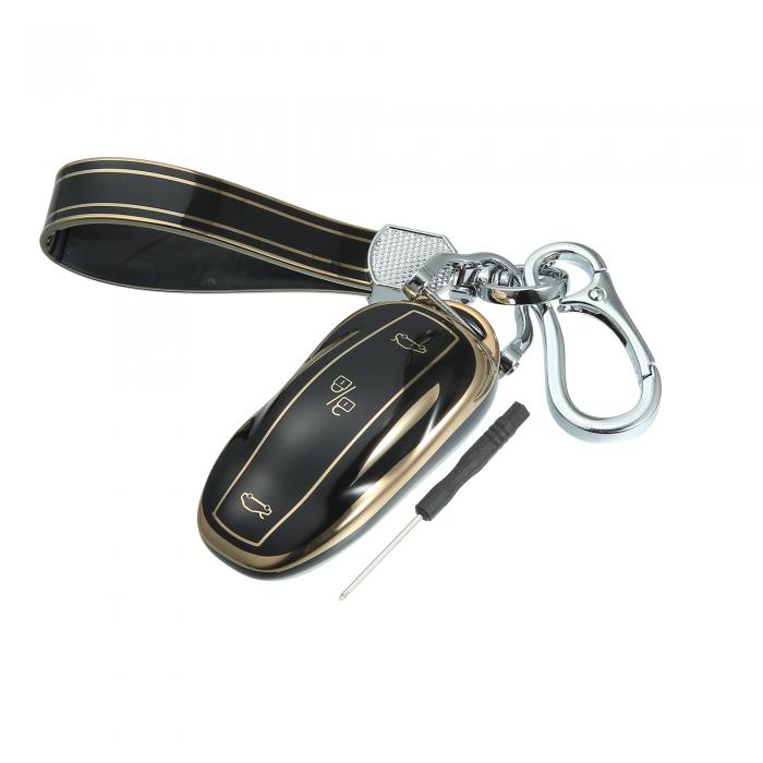 uxcell スマートキーフォブケースカバー キーチェーン付き シリコーン t esl aに対応 mo del S Y 3に対応 キーフォブシェルホルダー キーレス ブラッ ク