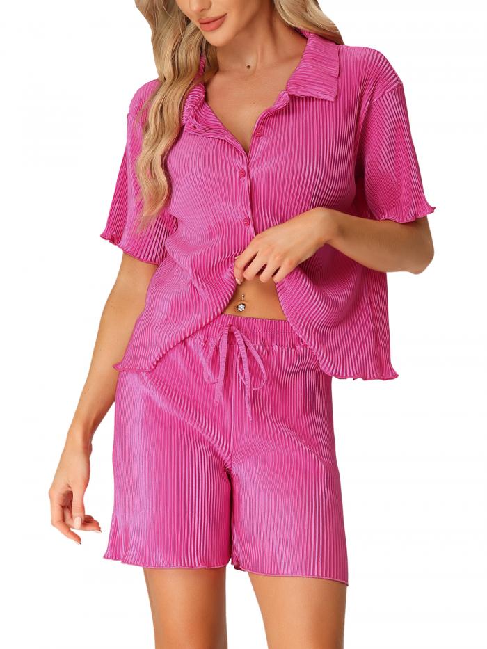 cheibear パジャマ 部屋着 上下セット 半袖 ボタンダウン シャツ ショートパンツ ルームウェア レディース ホトピンク S