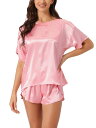 cheibear パジャマ 2点セット サテン 半袖 プルオーバー Tシャツ ショートパンツ 春 夏 2024 部屋着 レディース ピンク S