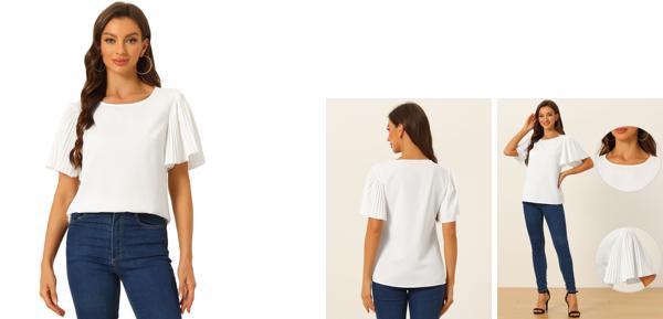 Allegra K 半袖 ブラウス Tシャ 無地 フラッタースリーブ トップス ラウンドネック レディース ホワイト XS