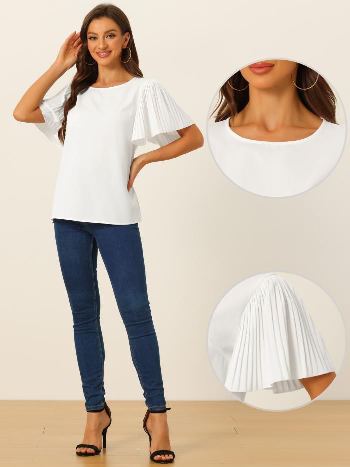 Allegra K 半袖 ブラウス Tシャ 無地 フラッタースリーブ トップス ラウンドネック レディース ホワイト XS