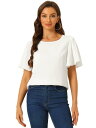 Allegra K 半袖 ブラウス Tシャ 無地 フラッタースリーブ トップス ラウンドネック レディース ホワイト S