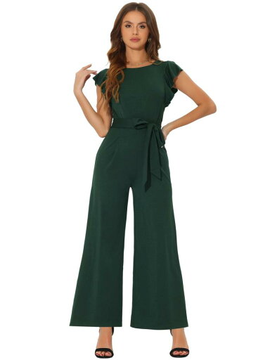 Allegra K ノースリーブ フリル ジャンプスーツ ハイウエスト ワイドレッグ ベルト付き ロンパース レディース ダークグリーン S Allegra K ノースリーブ フリル ジャンプスーツ ハイウエスト ワイドレッグ ベルト付き ロンパース レディース ダークグリーン S