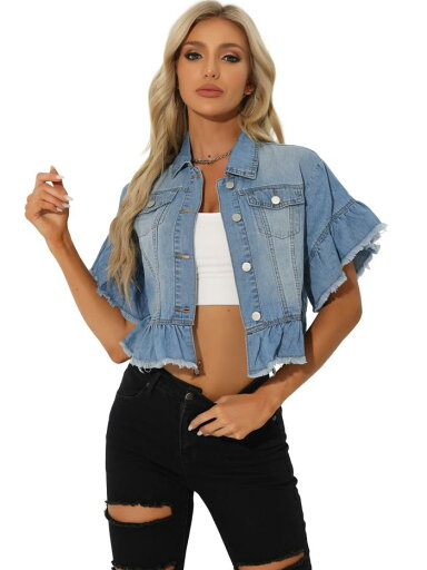 Allegra K ジャケット シャツ デニム トップス フリル 半袖 可愛い ジーンズ ペプラムヘム レディース ライトブルー M Allegra K ジャケット シャツ デニム トップス フリル 半袖 可愛い ジーンズ ペプラムヘム レディース ライトブルー M