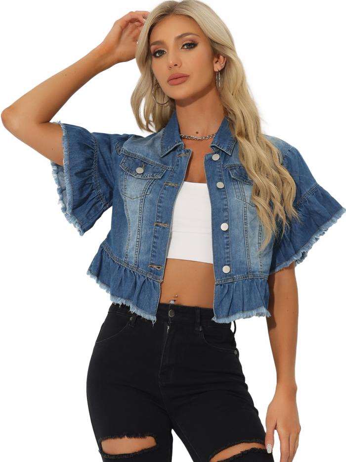 Allegra K ジャケット シャツ デニム トップス フリル 半袖 可愛い ジーンズ ペプラムヘム レディース ブルー L
