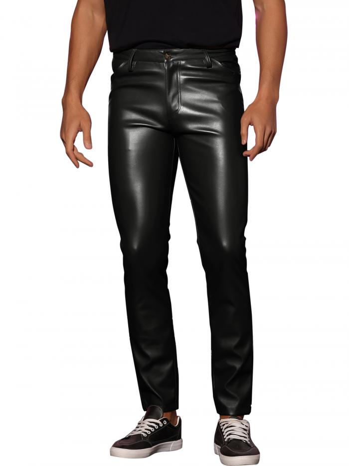 Lars Amadeus ロングパンツ スリムフィット オートバイ バイカー スリムフィット テーパードパンツ スキニー フェイクレザーパンツ メンズ ブラック S