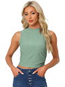 Allegra K サマータンクトップ ノースリーブ モックネック スリムフィット サイドシャーリングアイレット クロップトップ レディース グリーン XL(4)