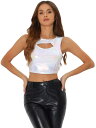 Allegra K タンクトップ クロップトップ 光沢 メタリック ノースリーブ カットアウト パーティー レディース ホログラフィックホワイト S