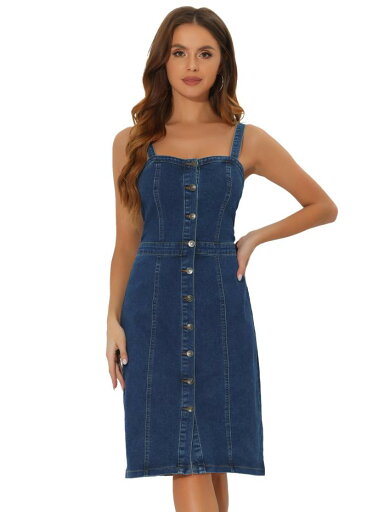 Allegra K ワンピース ドレス デニム ノースリーブ ハートネック ストラップ ジーンズ 膝丈 夏 レディース ダークブルー M Allegra K ワンピース ドレス デニム ノースリーブ ハートネック ストラップ ジーンズ 膝丈 夏 レディース ダークブルー M