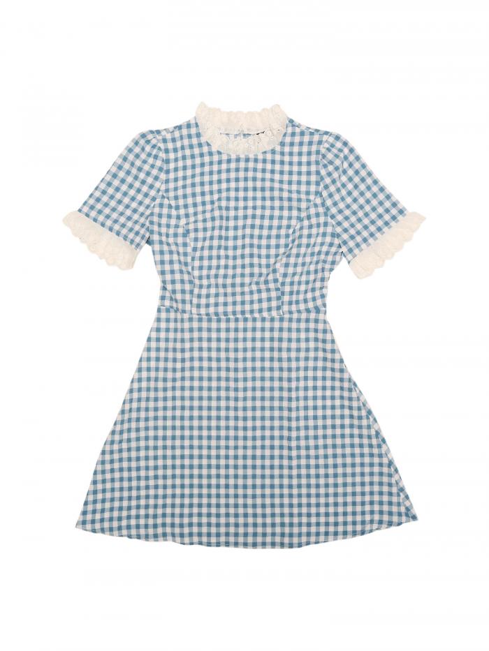 Allegra K ワンピース ドレス フリルネック コントラストパネル ビンテージ 半袖 レディース レイクブルー XS