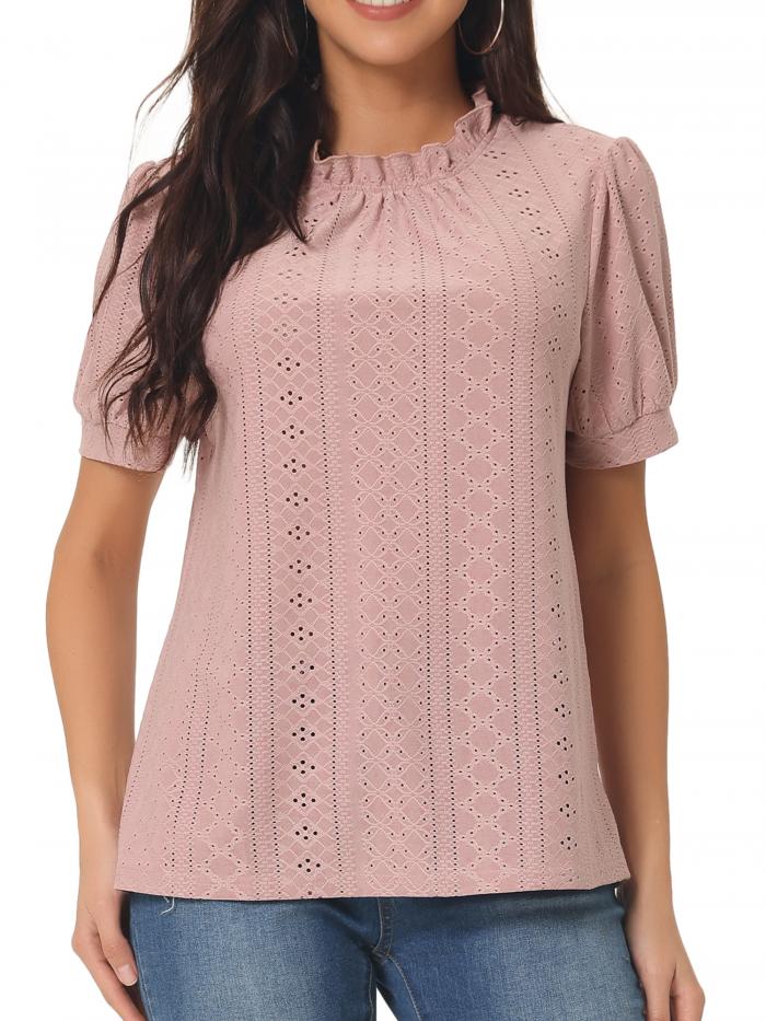 Seta T Tシャツ ブラウス パフスリーブ 可愛い アイレット トップス フリル モックネック キーホール サマー レディース ダスティピンク XL