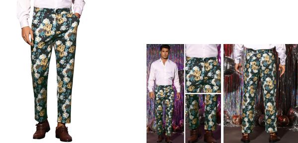 Lars Amadeus 花柄ペインティング フローラル ドレスパンツ フラットフロント パーティー プロム フラワー プリント スラックス メンズ ブルーホワイト 36