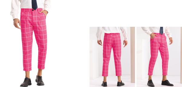 Lars Amadeus メンズ チェック柄プリント パンツ プリーツ フロント カラフル 格子 クロップド ドレスパンツ ロングパンツ ローズレッド 28