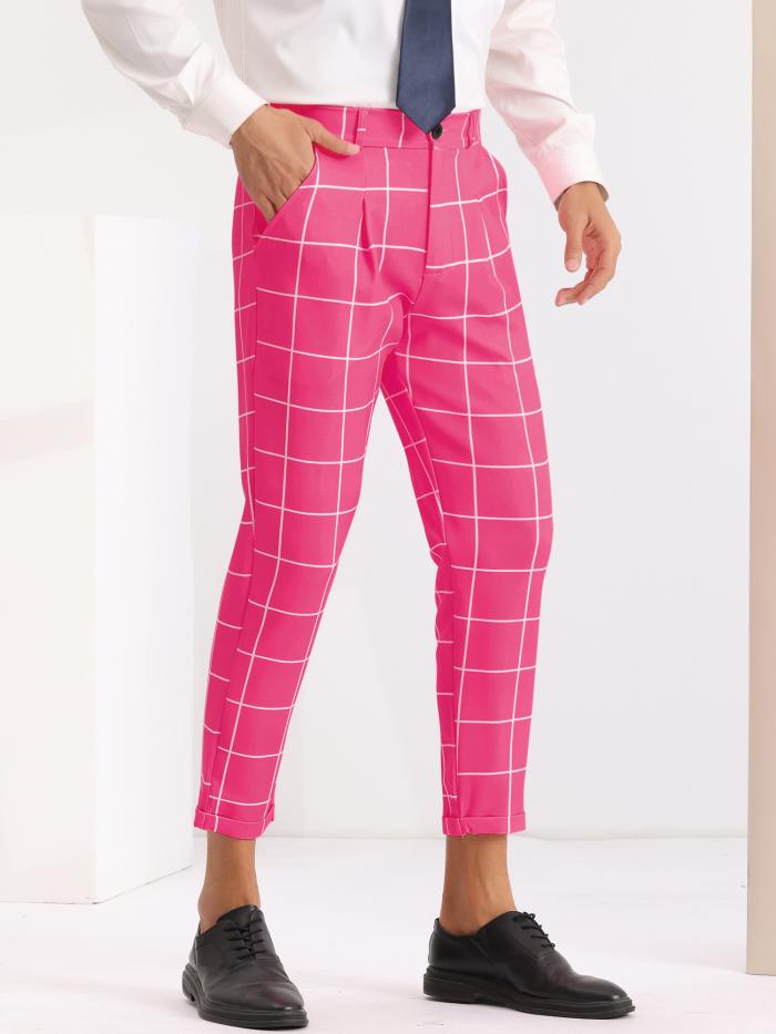 Lars Amadeus メンズ チェック柄プリント パンツ プリーツ フロント カラフル 格子 クロップド ドレスパンツ ロングパンツ ローズレッド 28