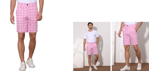 Lars Amadeus チノパンツ ビジネス チェック柄ショーツ スリムフィット カジュアル フラットフロント メンズ ピンク 34