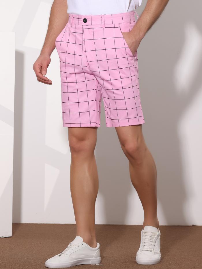 Lars Amadeus チノパンツ ビジネス チェック柄ショーツ スリムフィット カジュアル フラットフロント メンズ ピンク 34