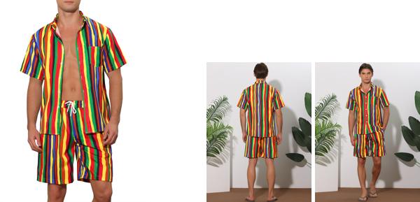 Lars Amadeus レインボー ハワイアンバケーション ビーチ ボタンダウンシャツとショーツ 上下セット 2 点 メンズ イエローブルー 2XL