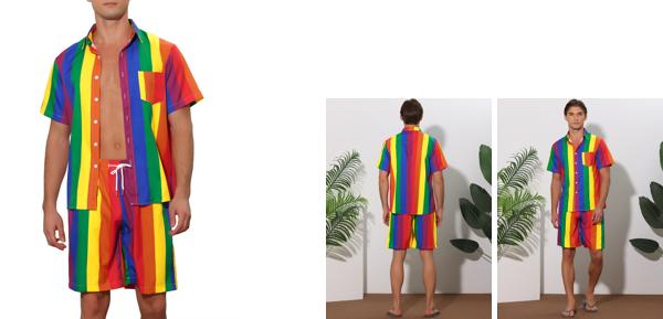 Lars Amadeus レインボー ハワイアンバケーション ビーチ ボタンダウンシャツとショーツ 上下セット 2 点 メンズ イエローグリーン L