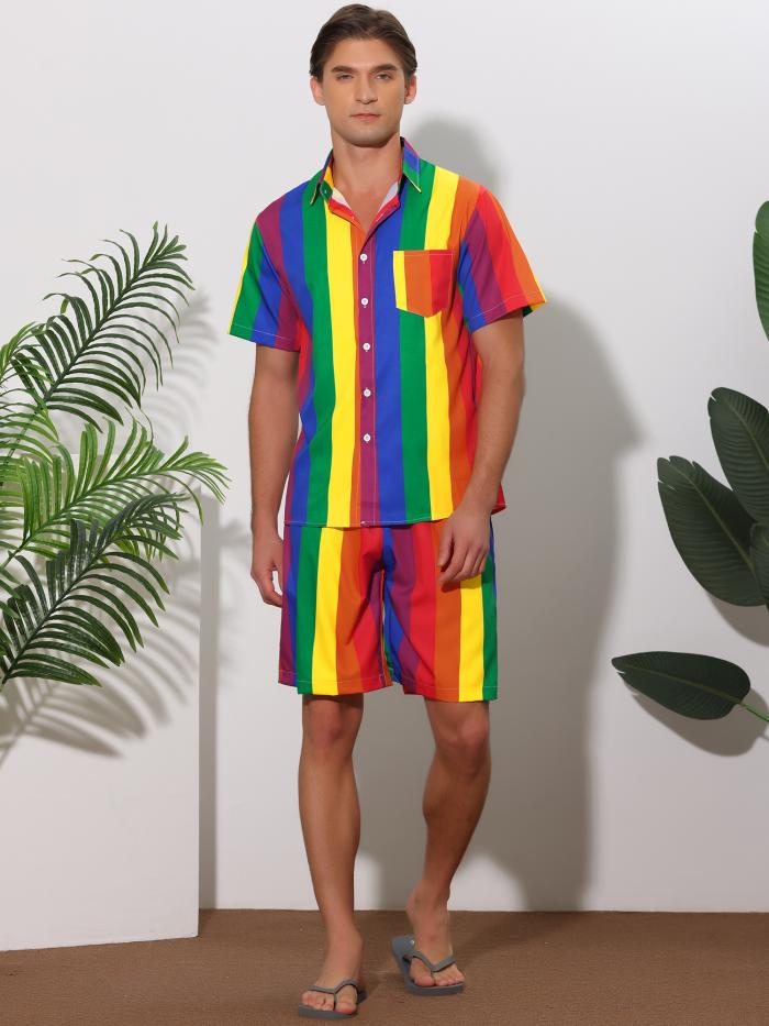 Lars Amadeus レインボー ハワイアンバケーション ビーチ ボタンダウンシャツとショーツ 上下セット 2 点 メンズ イエローグリーン L
