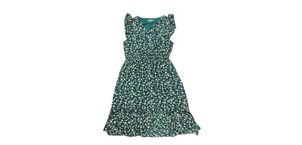 Allegra K ラッフルワンピース ドレス 花柄 フローラルフラッター スリーブ Vネック スモック レディース グリーン L