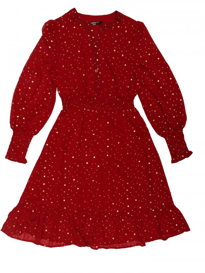 Allegra K ワンピース スタードレス Vネック シフォン グリッター 星柄 メタリック ボタンアップ スモック レディース バーガンディスター L