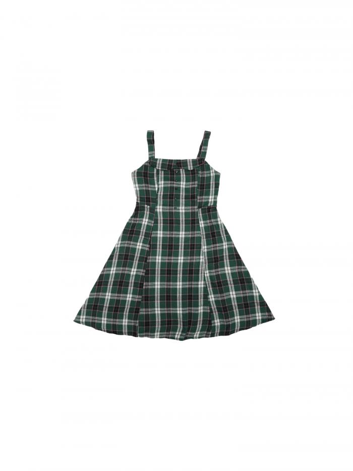 Allegra K クリスマス ミディドレス オーバーオール 格子縞ワンピース ノースリーブ ボタン装飾 ピナフォア ヴィンテージ レディース ダーク緑 M