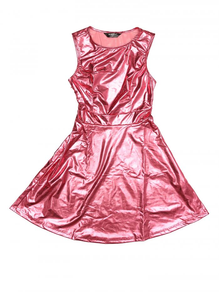 Allegra K ミニドレス メタリック ハイウエスト ワンピース ノースリーブ 丸首 クリスマス レディース ピンク S