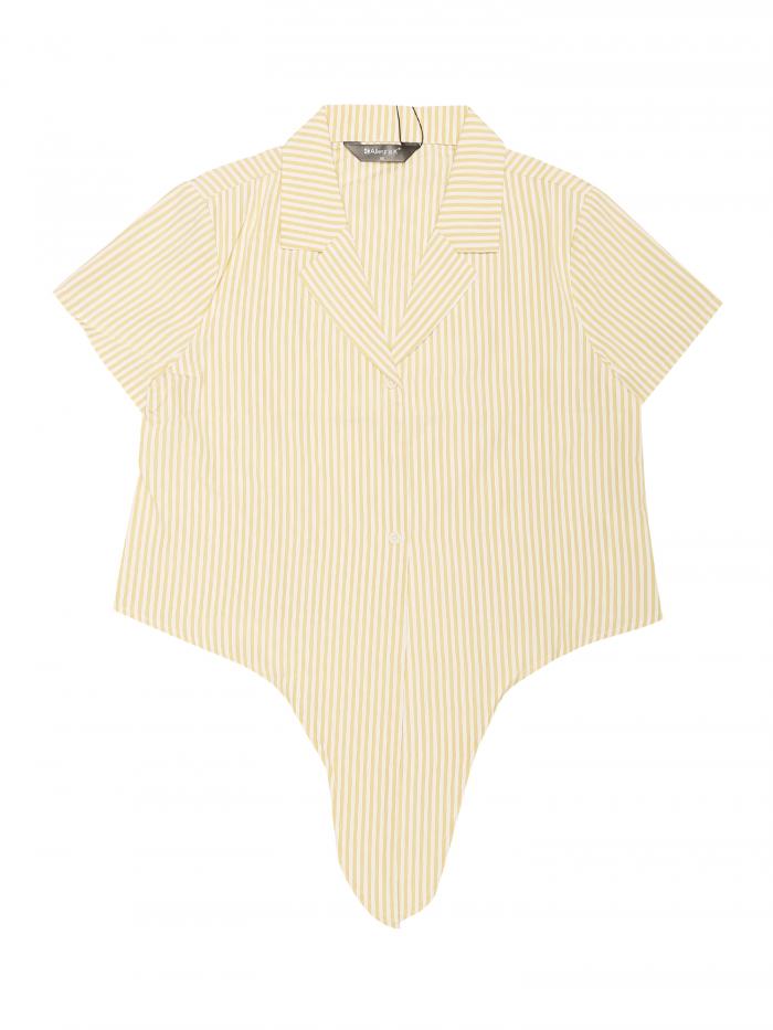 Allegra K 縦ストライプ シャツ 襟付き クロップ ショート丈 半袖 レトロ クロップドトップス レディース ベージュ XS