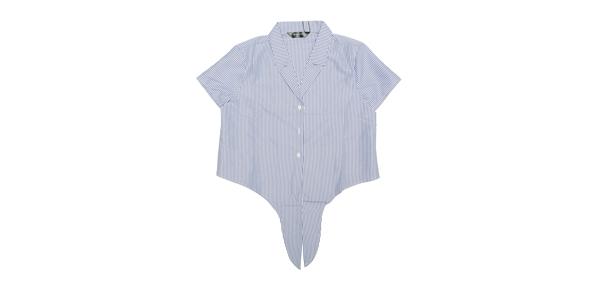 Allegra K 縦ストライプ シャツ 襟付き クロップ ショート丈 半袖 レトロ クロップドトップス レディース ブルーホワイト L