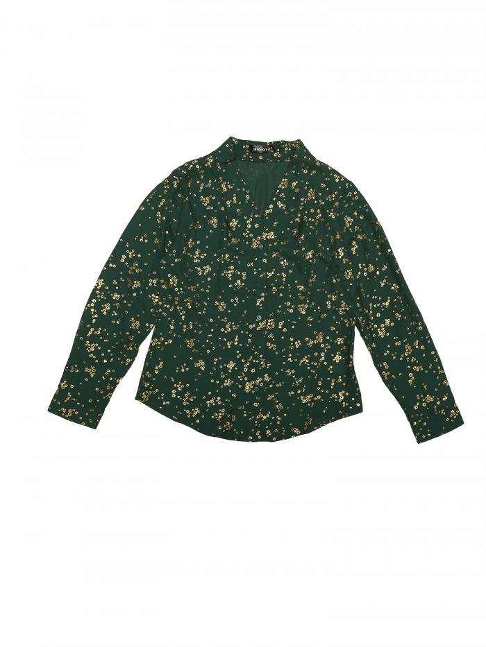 Allegra K メタリック スキッパーシャツ 水玉 星柄 ブラウス トップス Vネック 長袖 レディース グリーン 花柄 XL