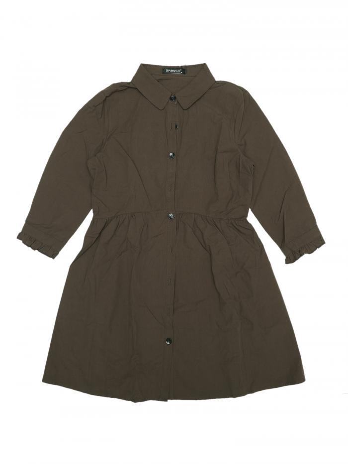 Allegra K シャツワンピース ミニ 七分袖 フレアドレス 前ボタン aライン ギャザー レディース ダークブラウン XL