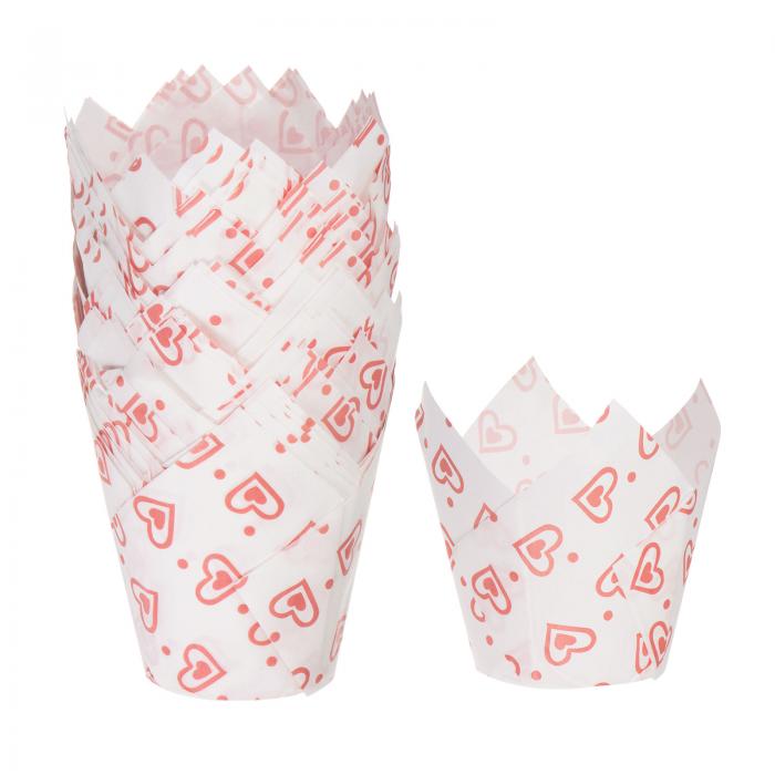 uxcell 50個 チューリップ型カップケーキライナー スタンダード紙製ベーキングカップ 耐油包装紙 誕生日パーティーやバンケット用 ホワイトにハート柄