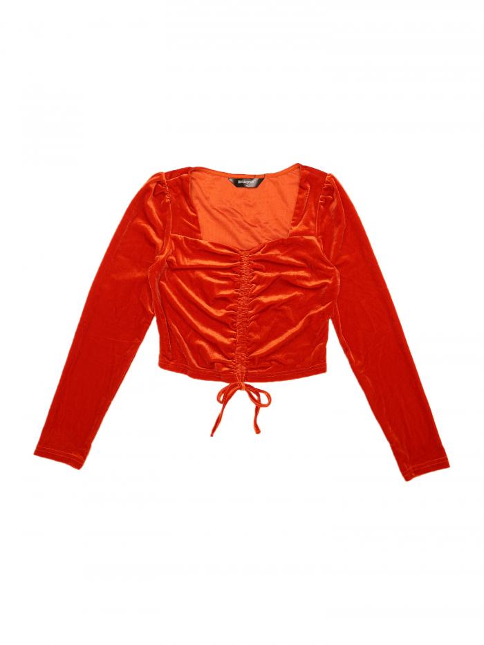 Allegra K ベルベット クロップトップス クラブウェア パフ長袖ブラウス ハートネック 衣装 パーティー レディース オレンジ S