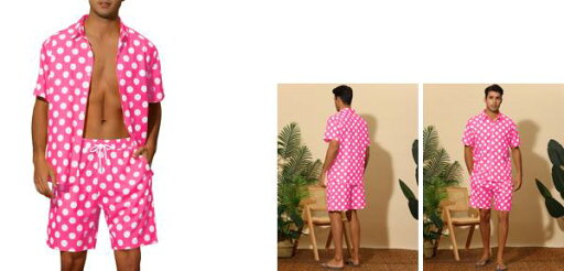 Lars Amadeus アクティブウェア 半袖 サマーシャツ ショートパンツ 水玉 ハワイアンセット 2ピーススーツ メンズ ピンク S