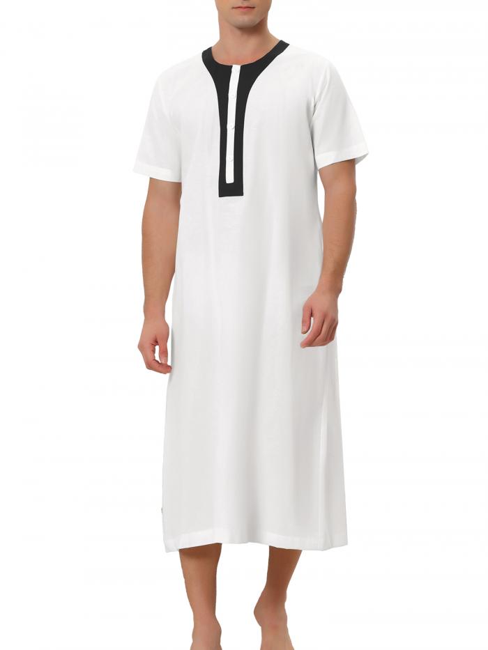 Lars Amadeus ナイトガウン パジャマ 半袖 ボタン留め コントラストカラー ロングナイトシャツ メンズ ホワイト M