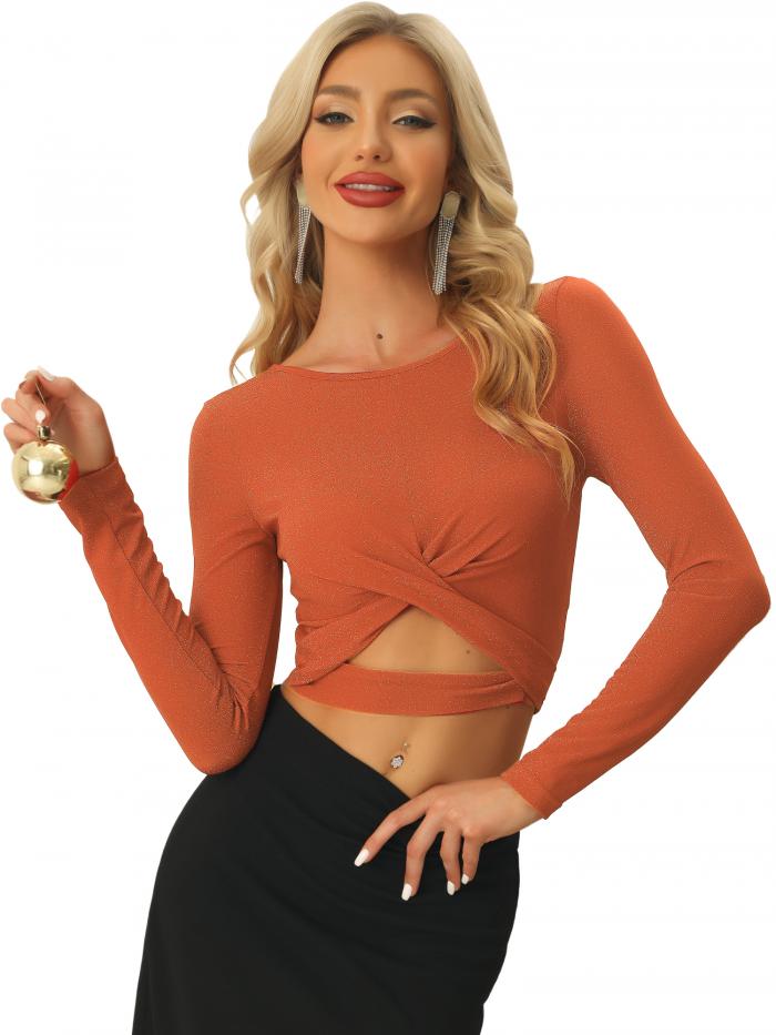 Allegra K クロップドトップス 長袖 スリム 細身 クルーネック 光沢 シャイニング 衣装 レディース ダークオレンジ XL
