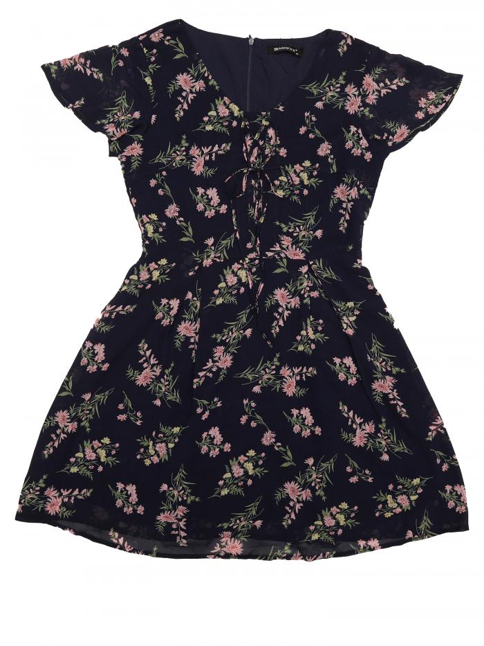 Allegra K ワンピース シフォン 花柄 aライン フレアスリーブ レースアップ Vネック レディース ディープブルー XS