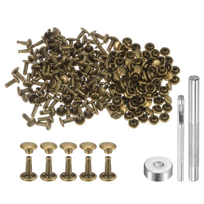 uxcell 100セット レザーリベット 8 x 6mm メタルダブルキャップリベットスナップスタッドファスナーと3個の設置ツール レザークラフトDIY修理装飾用 ブロンズ